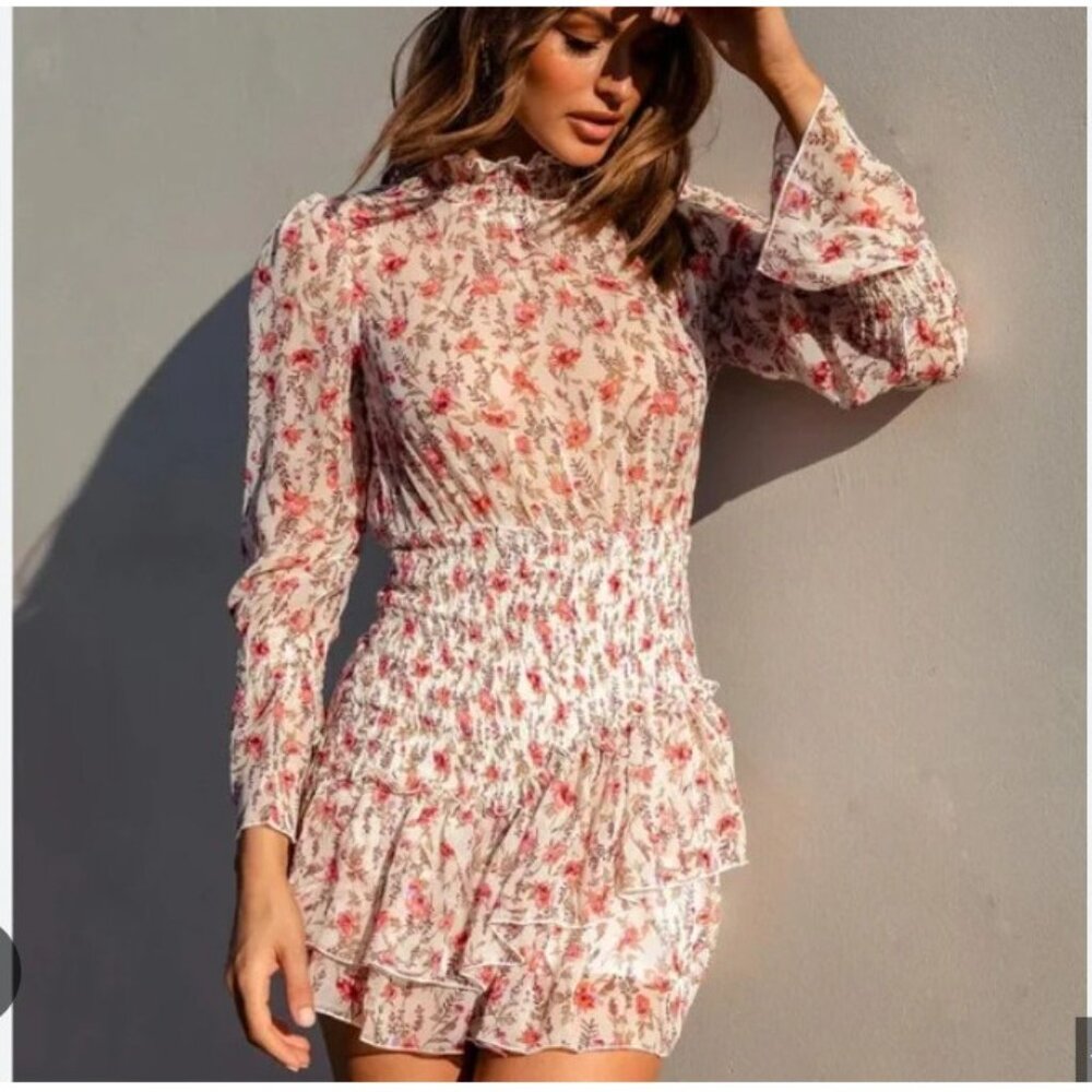 Princess Polly Guetta Mini Dress Womens 4 White Floral Smocked Ruffle Sleeve